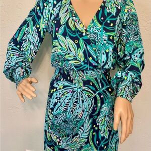 Lilly Pulitzer Blue and Green Long Sleeve Wrap Dress